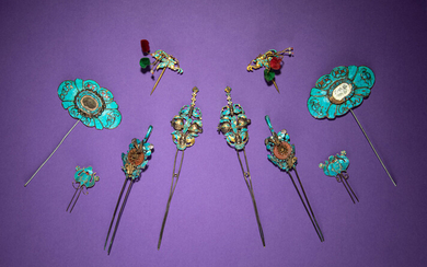 Five Pairs of Kingfisher Feather and Enamel Embellished Hairpins
