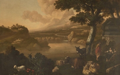 Follower of Abraham Jansz. Begeyn, Dutch 1637/8-1697-River landscape with donkeys and sheep; oil on canvas, 108 x 157.4 cm. (VAT charged on hammer price). Note: The present work betrays the artist's skill in depicting landscapes, architectural...