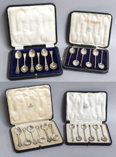 Four Cased Sets of Six Silver Teaspoons or Coffee-Spoons, one...