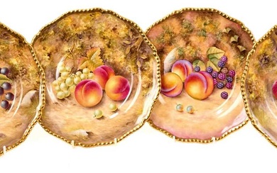 Four Royal Worcester plates, painted with studies of fruit, three signed by N. Creed and one by D. Shinnie, 27cm diameter