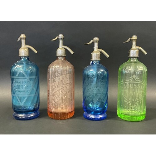 Four vintage French coloured glass soda siphons Various town...
