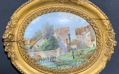 Framed Hand Painted Porcelain of Village Scene