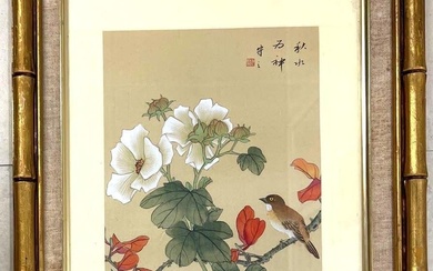 Framed of Asian Silk Painting Vintage Oriental Watercolor on Silk
