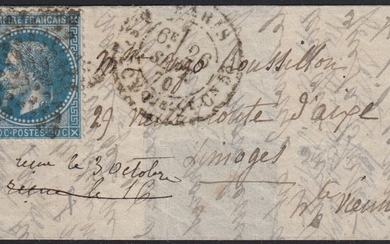 France 1870 - "Les Etats-Unis" balloon mail 26/SEPT./1870 on a letter bound for Limoges - TB.