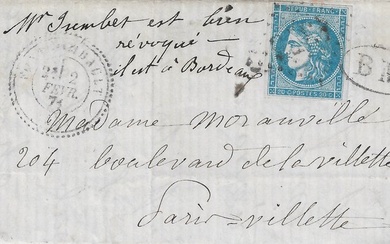France 1871/1871 - Armistice War 70 - Letter entered Paris by smuggler before the reestablishment of Mail - Yvert et Tellier n°45