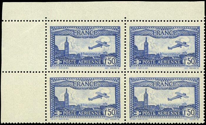 France 1930 - Plane flying over Marseille, 1.50 francs bright ultramarine, block of 4 - Yvert Poste aérienne 6b