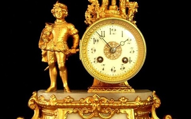 France- Cartel clock - Musketeer clock with lion's paws - Medieval animated and rural scene - Very rare movement "G. MIGNIN and" FRAISSE " + Architecture signed: "BRUNFAUT" - gold metal - 19th century