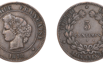France, Third Republic (1871-1940), 5 Centimes, 1878k, Bordeaux (Gad. 157a; KM 821.2)....