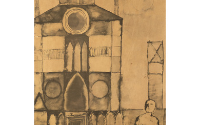 Franco Gentilini ( Faenza 1909 - Roma 1981 ) , "Banchetto davanti alla Cattedrale" 1960 ink and watercolor on paper laid down on masonite cm 48x32.5 Signed and dated 1960...