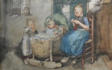 Frans Deutmann (1867-1915), Interior with children, signed l.r., watercolour on...