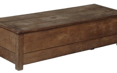 French Provincial Walnut Coffer, early 19th c., the breadboard end hinged top over straight sided