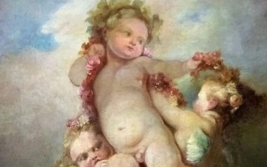 French School of the XVIII Century, in the taste of Boucher - Three cupids with garlands