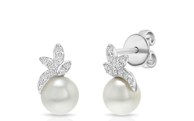 Freshwater Pearl And Diamond Leaf Earrings In 14k White Gold 1/10ctw