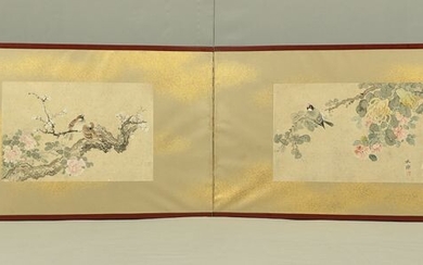 Furosaku byōbu 風炉先屏風 (tea folding screen) - Paper - Furosaki Byobu - Okamoto shuki 岡本秋暉 (1807-1862), he learned painting from Watanabe Kazan, specialized in birds - Sparrows, ume flower, peony, java sparrow, cotton flowers, & Buddha's hand - Japan -...
