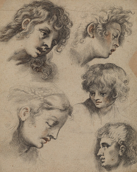GERMAN SCHOOL, 18TH CENTURY A Sheet of Studies of Heads. Pen and ink...