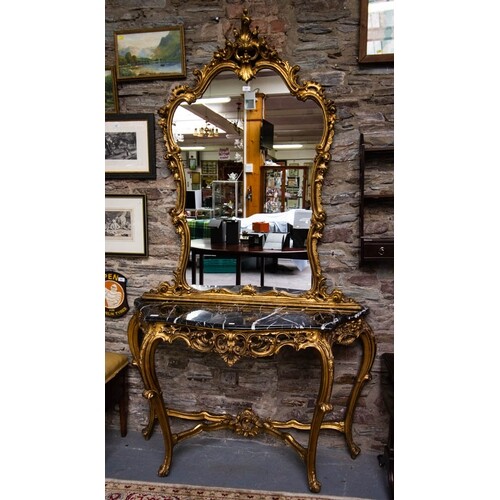GILT CONSOLE TABLE WITH MARBLE TOP AND MATCHING MIRROR. TOTA...