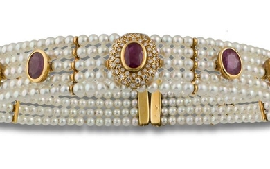 GOLD COLLIER DU CHIEN PEARLS DIAMONDS AND RUBIES