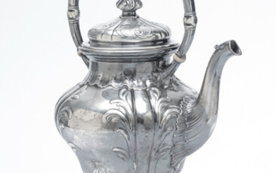 GUSTAVE KELLER, PARIS SILVER KETTLE ON WARMING STAND H 20" W 12"