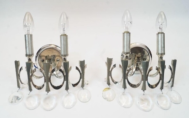 Gaetano Sciolari, a pair of white metal wall appliques, c. 1970s, with two light fittings, moulded glass drops, each 25cm high (2) It is the buyer's responsibility to ensure that electrical items are professionally rewired for use.