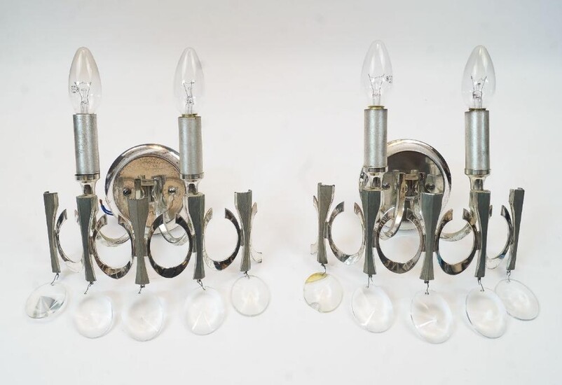 Gaetano Sciolari, a pair of white metal wall appliques, c. 1970s, with two light fittings, moulded glass drops, each 25cm high (2) It is the buyer's responsibility to ensure that electrical items are professionally rewired for use.