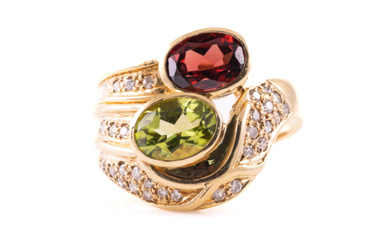 Garnet, Peridot and Diamond Ring