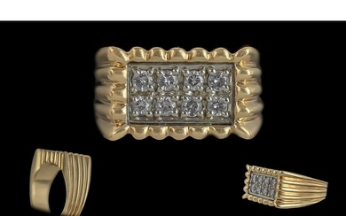 Gents - Heavy 14ct Gold Heavy Diamond Set Dress Ring. Ribbed...