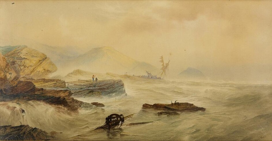 George Whitaker, British 1834-1874- Shipwreck; pencil and watercolour heightened with scratching out on paper, signed and dated 'George Whitaker 1869' (lower right), 48 x 93 cm. Provenance: Private Collection, UK.
