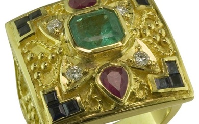 Georgios Collections 18 Karat Yellow Gold Emerald Ring with Sapphires and Rubies