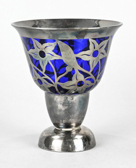 Glass vase set in silver, blue glas