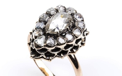 Gold and diamonds ring 18k yellow gold, Italian handmade openwork. Set with rose cut diamonds...