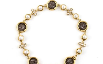 Gold bracelet with pearls, diamonds, and coins