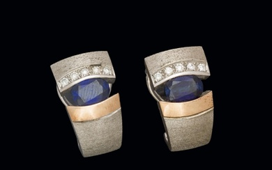 Gold, silver, sapphire and diamond earrings