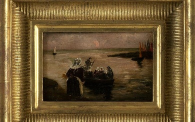 HIPPOLYTE CAMILLE DELPY (France, 1842-1910), Boaters at sunset., Oil on board, 4.5" x 6.5". Framed