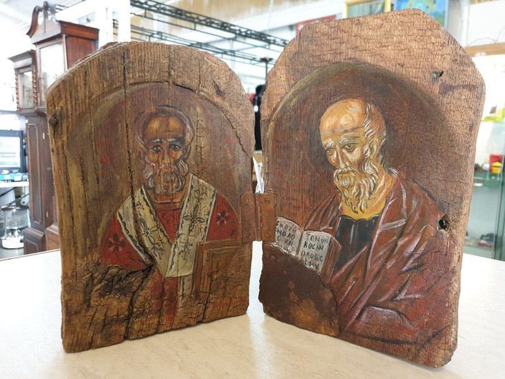 Hand Painted Two-Part Greek Icon on Old Wood by Eleni Andron...