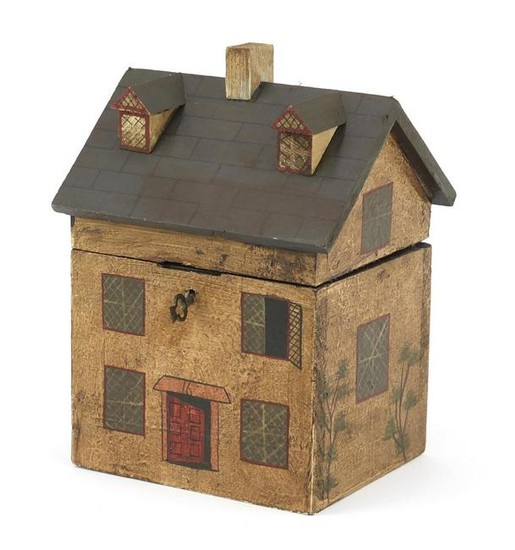 Hand painted carved wooden house design box with hinged