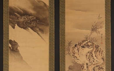Hanging scroll (2) - Bone, Silk - workshop of Kishi Ganku (1756-1838) - Set of two very fine fierce tiger and dragon scrolls - Japan - Late Edo period