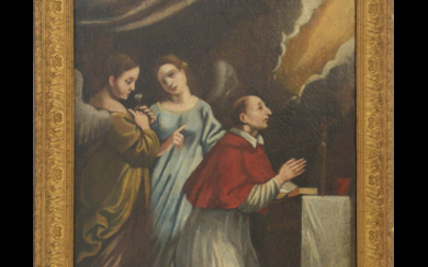 Ignoto "San Carlo in preghiera con figure angeliche" antico dipinto ad olio su tela (cm 50x38,5) In cornice (difetti e...