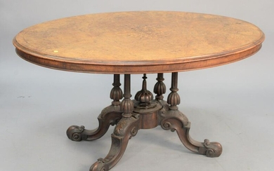 Inlaid burl Victorian center table on pedestal base