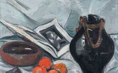 Irma Stern South African 1894–1966 African and Chinese ceramics with oranges and open book 1954 oil on canvas signed a...
