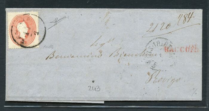 Italian Ancient States - Lombardo Veneto 1863 - Letter stamped with 5 soldi and 10 soldi from Venice to Rovigo - Sassone N. 33 - 34