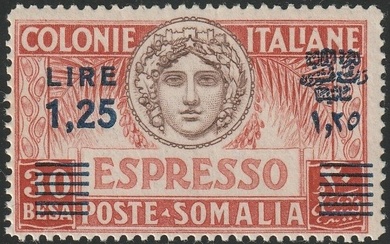 Italian Somalia 1940 - Express mail, P. 14, 1.25 on 30b brown and brown, intact, rare, luxury, with certificate - Sassone n.8