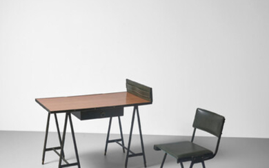 JACQUES QUINET (1918-1992) Desk and Chaircirca 1960stitched leather, oak, brass, laminated topdesk height 36in (90cm); length 42 3/4in (110.5cm); depth 24 1/2in (61.5cm)chair height 30 1/4in (77cm)