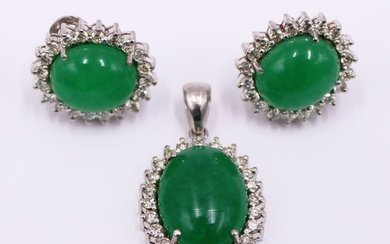 JEWELRY. 3 Pc. 14kt Gold, Jade and Diamond Suite.