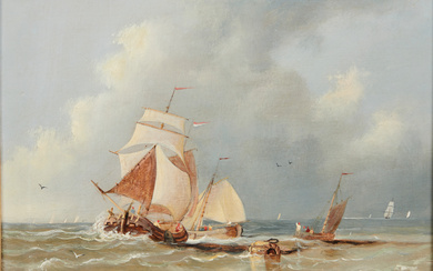JOHANNES HERMANUS KOEKKOEK (1778-1851). Dutch sailboats in stormy seas.