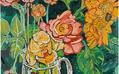 JOHN BRATBY, R.A. | ROSES AND SUNFLOWERS