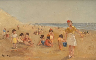 Jan Rijlaarsdam (1911-2007), Hollands strandgezicht met spelende kinderen