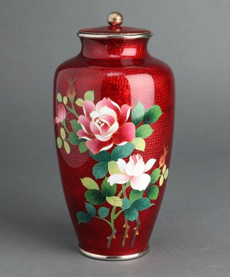 Japanese Ginbari Cloisonne Enamel Vase w Lid