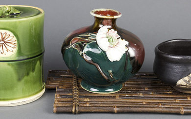 Japanese Oribe Mizusashi, Tea Bowl, Bamboo Mat, Vase
