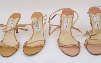 Jimmy Choo: a pair of peach / rose gold satin strappy heels, size '37' with replaced strap and heel, fabric logo to the insole and stamped to the underside, together with a similar pair of tan strappy heels, with replaced strap and heel (2)