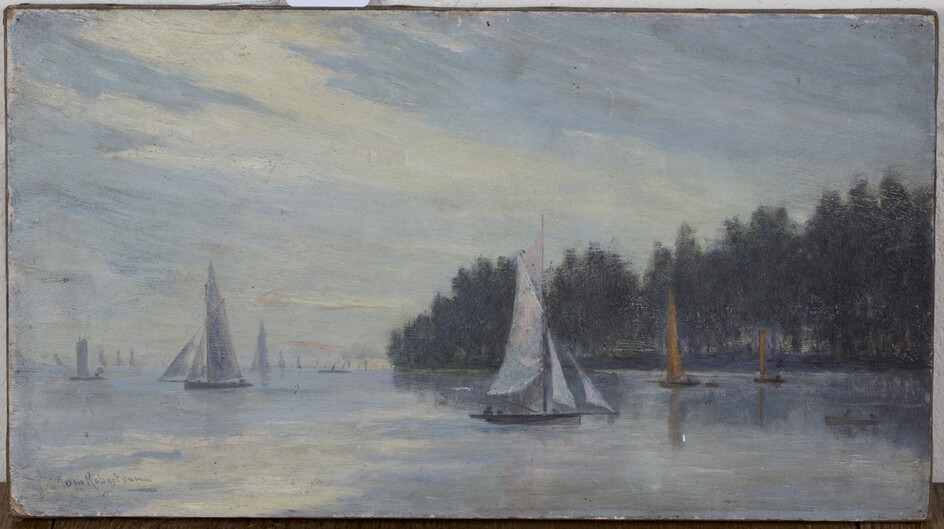 John Robertson - Sailing Vessels in Coastal Waters, oil on canvas, 25cm x 45.5cm.